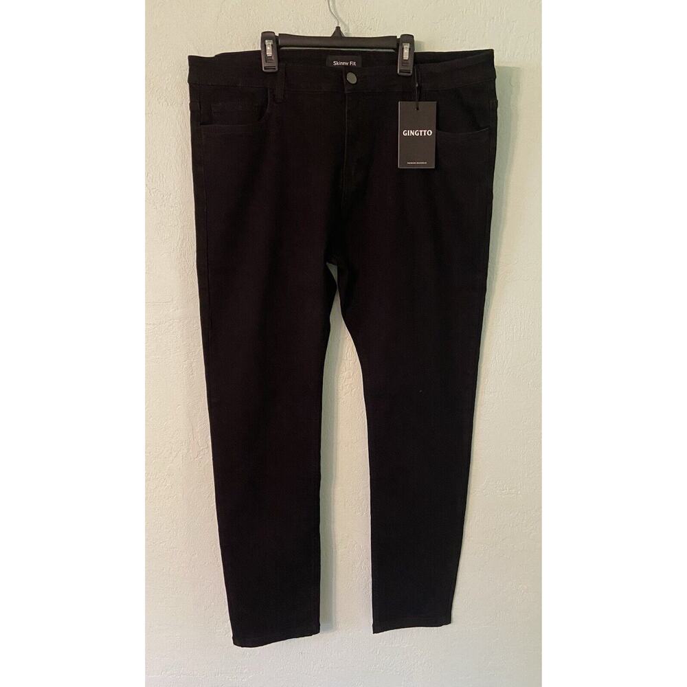GINGTTO Mens 40x30 Black Slim Fit Stretch Chino Trousers Casual Twill Pant